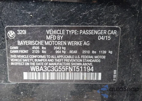 2015 BMW 320I xDrive из США, поврежденный, VIN WBA3C3G55FNT51194